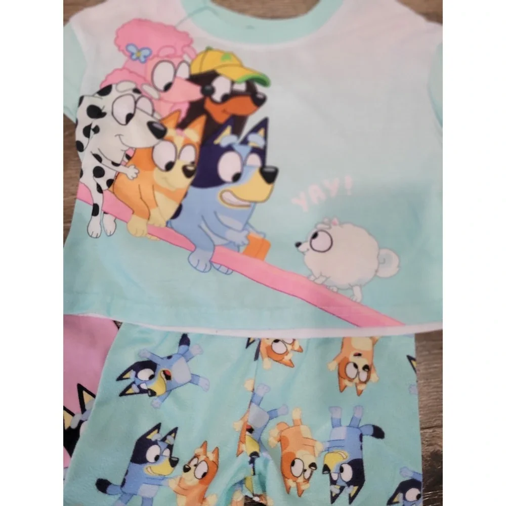 Disney Kids Bluey Pajama‎ Set 4T-4 Pink Aqua Characters Sleepwear Shorts #5